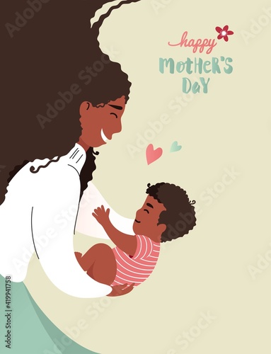 Happy Mother`s Day Greeting Card. Vector Illustration Of Mother Holding Baby Son In Arms. Black woman playing with her son.