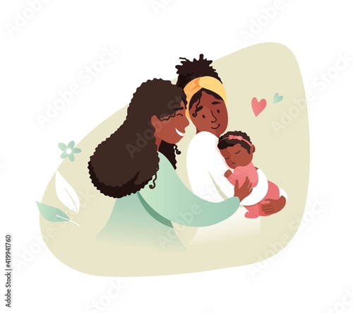 Vector Illustration Of Happy Gay Female Couple Holding Adopted Baby Daughter In Arms. Lesbian and Gay Parents concept.