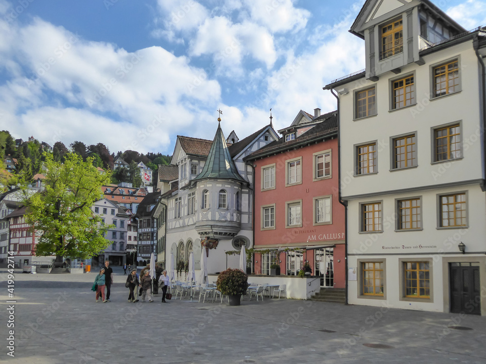 St. Gallen, Switzerland - May 21st 2017: Urban place in front of Stiftskirche