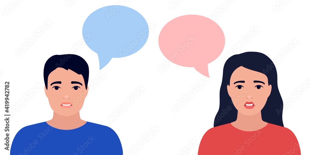 Sad and anxious couple man and woman, think of trouble, crisis in family. Anxiety, depression, stress, pensive in question. Vector flat illustration Sad and anxious couple man and woman, think of trouble, crisis in family. Anxiety, depression, stress, pensive in question. Vector flat illustration