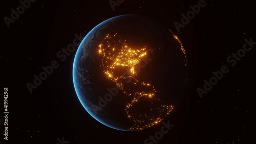 Continental night lights of american cities turn off abruptly as seen from the space. Concept of power outage or international Earth Hour event. 3d animation in 4K.
