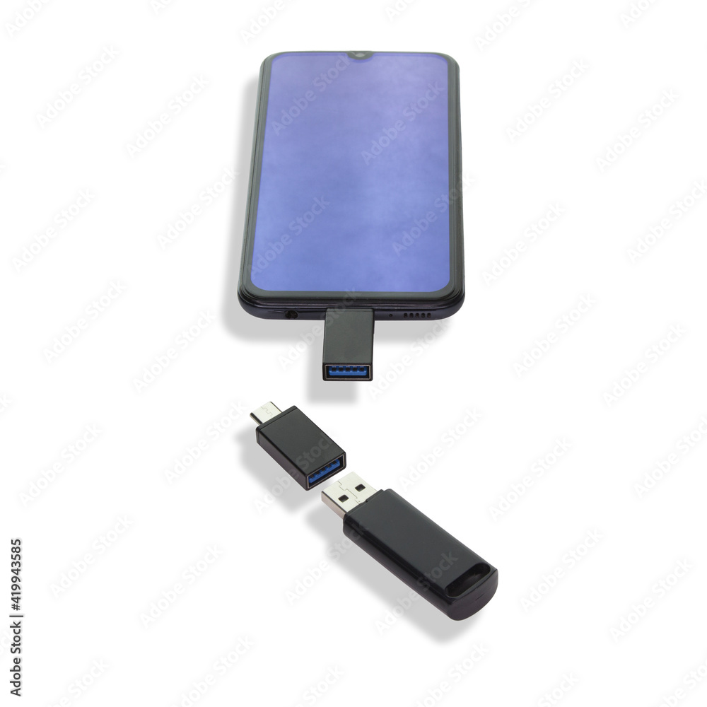 Isolated on a white background phone or smartphone with USB OTG data transfer connected to a USB flash drive Isolated on a white background phone or smartphone with USB OTG data transfer connected to a USB flash drive