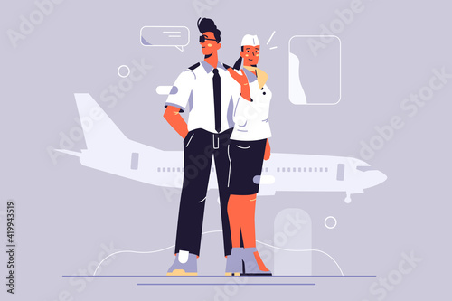 Crew of passenger plane vector illustration. Pilot and flight attendant of airplane in uniform flat style. Tourism, time to travel and aerial transport concept. Isolated on grey background