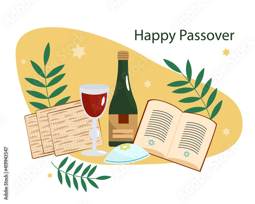 Happy Passover. Postcard design. Torah, matzah, bottle, glass of wine and palm branches. Vector illustration