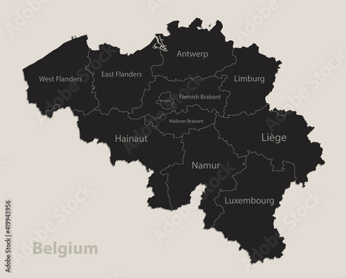 Black map of Belgium with names of regions, design blackboard vector