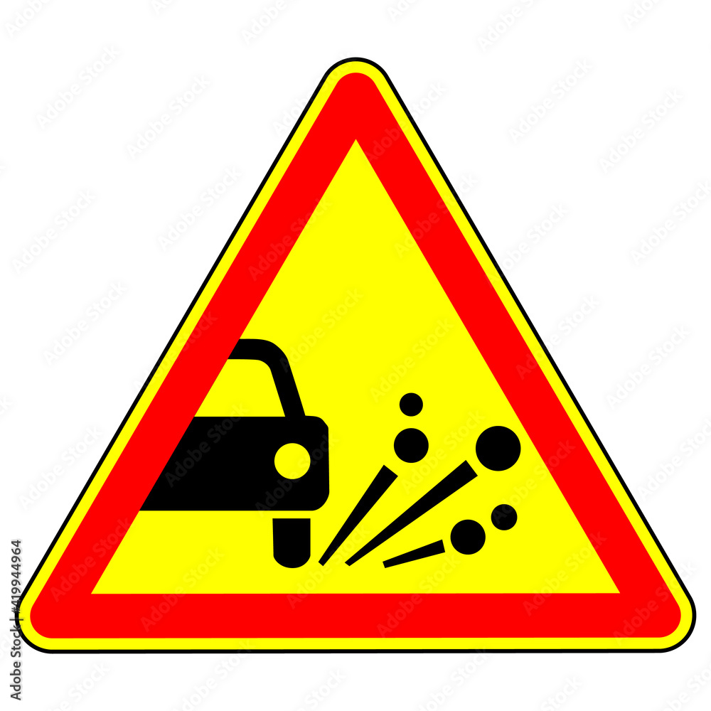 Throwing stone materials warning road sign. Traffic rules . Triangular