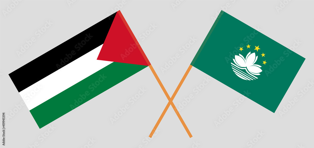 Crossed flags of Palestine and Macau. Official colors. Correct proportion Crossed flags of Palestine and Macau. Official colors. Correct proportion