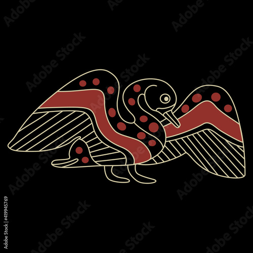 Stylized waterfowl bird with open wings. Swan, duck or goose. Ancient Greek vase painting animal motif. Ethnic folk style. Monochrome silhouette. Isolated vector illustration.