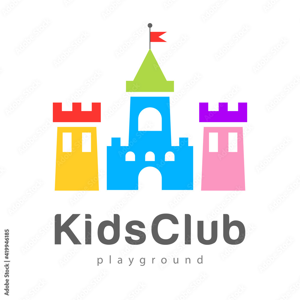 Abstract kids city logo playground,kids zone icon,king castle sign,bastion symbol.Design template bright logotype kids club,shop,wooden toys store,children play,baby center or park.Vector illustration