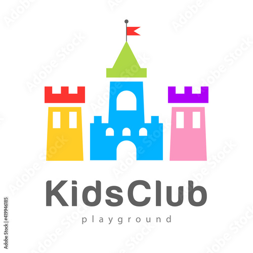 Abstract kids city logo playground,kids zone icon,king castle sign,bastion symbol.Design template bright logotype kids club,shop,wooden toys store,children play,baby center or park.Vector illustration