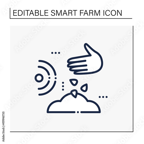 Planting seeds line icon. Process of planting different sorts of grain. Hand throwing seeds into soil. Ecological farming concept. Isolated vector illustration. Editable stroke