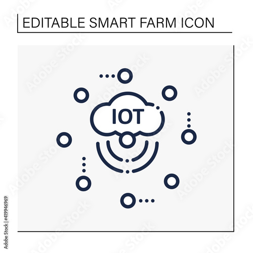 IoT sensors line icon. Join everyday things to internet. Sensors connected network to collect data,utilize information. Agricultural innovation concept. Isolated vector illustration.Editable stroke