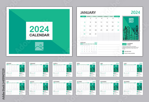 Calendar 2024 template vector, Happy new year 2024, Set Desk calendar 2024, Planner Modern style, Wall calendar design, Week start on Sunday, Set of 12 Months, green cover design. organizer stationery