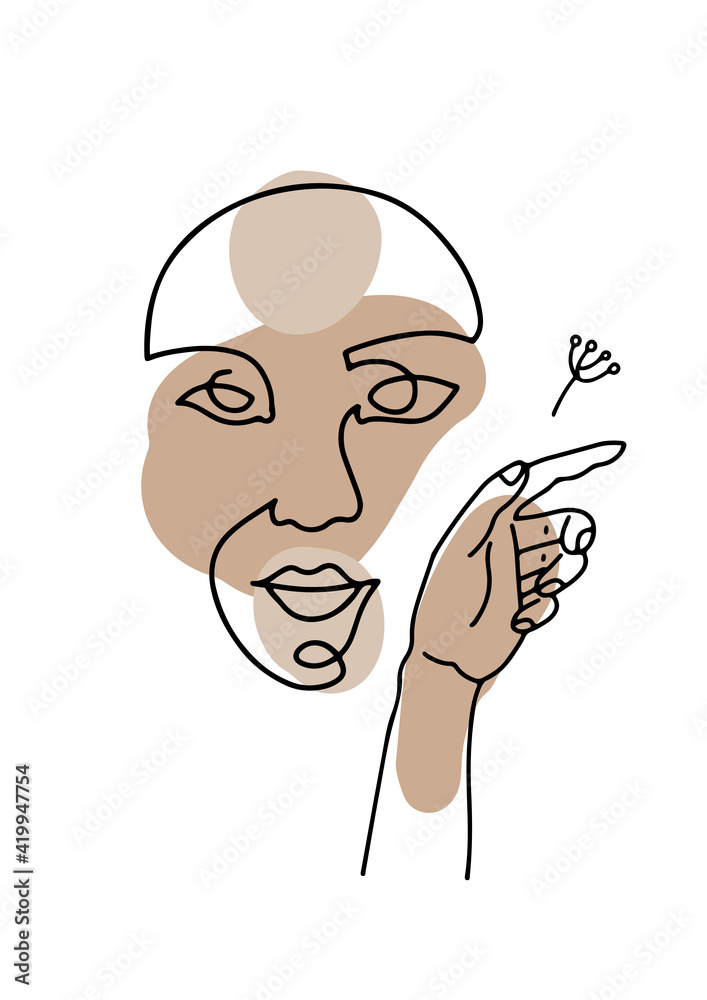 Line woman face portrait with spring flowers, creative freehand composition in contemporary abstract style with colorful geometric shapes. Linear illustration design for print, card, poster. Line woman face portrait with spring flowers, creative freehand composition in contemporary abstract style with colorful geometric shapes. Linear illustration design for print, card, poster.