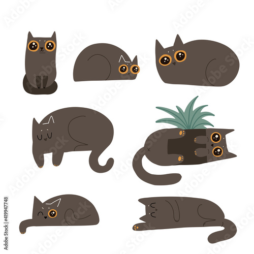 Black fluffy cats set. Cute cartoon funny lying characters. Naughty felint characters with Big eyes. Flat vector hand drawn illustration.