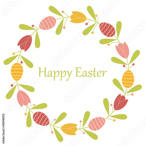 Easter wreath with tulips and eggs, isolated on white background.