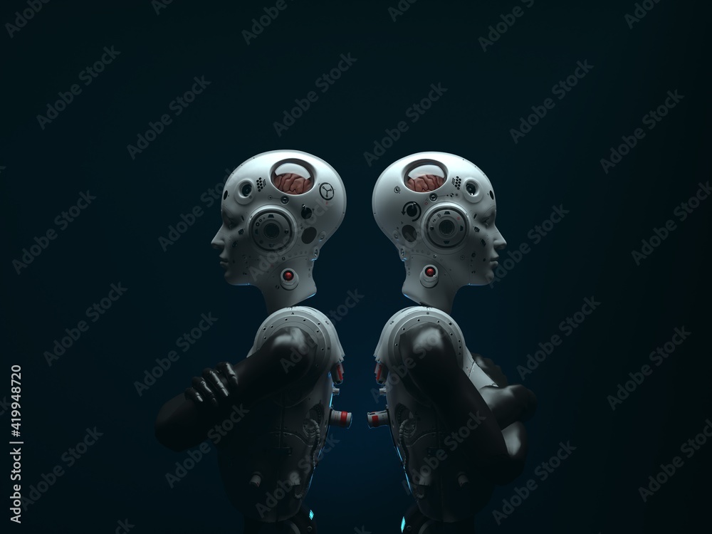 portrait of two robotic women standing back to back. abstraction on the topic of technology and games. 3d illustration portrait of two robotic women standing back to back. abstraction on the topic of technology and games. 3d illustration