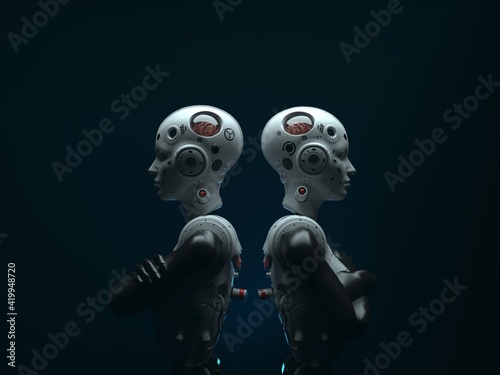 Fototapeta Naklejka Na Ścianę i Meble -  portrait of two robotic women standing back to back. abstraction on the topic of technology and games. 3d illustration