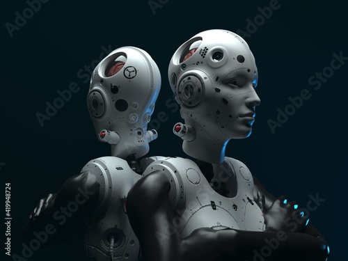 Fototapeta Naklejka Na Ścianę i Meble -  portrait of two robotic women standing back to back. abstraction on the topic of technology and games. 3d illustration