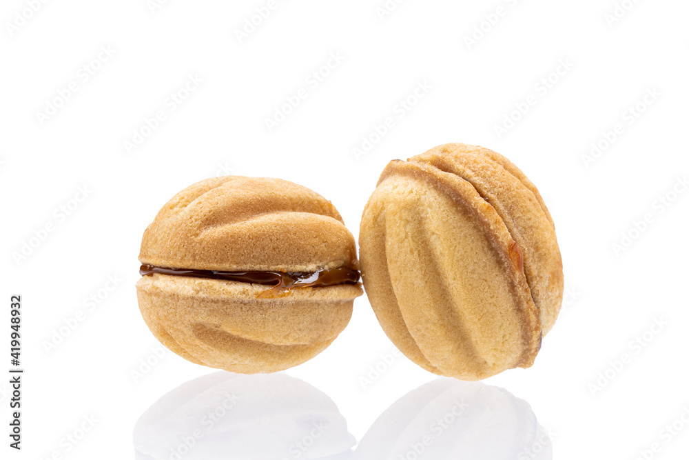 oreshki cookie isolated on white background. walnut shaped cakes fillings condensed milk cut out oreshki cookie isolated on white background. walnut shaped cakes fillings condensed milk cut out