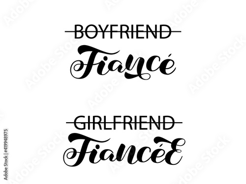 Fiance and Fiancee brush lettering for couple shirts. Vector stock illustration for banner or poster