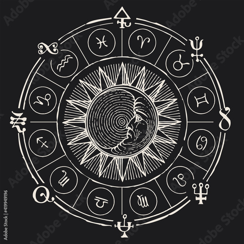 Vector circle of Zodiac signs with icons, hand-drawn Sun and Moon on a black background. Monochrome banner in retro style with horoscope symbols for astrological forecasts. Chalk drawing