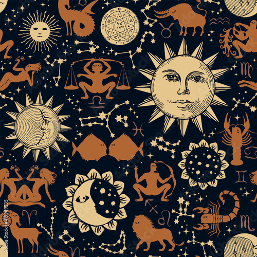 Seamless pattern with zodiac signs, horoscope symbols, stars, constellations, hand-drawn sun, moon and human figure like Vitruvian man on a black backdrop. Abstract vector background in retro style