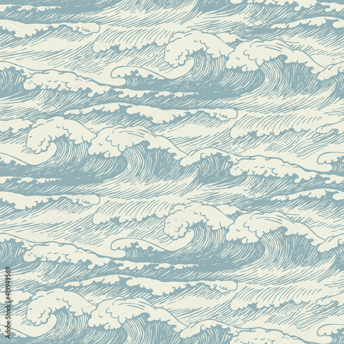 Vector seamless pattern with hand-drawn waves. Decorative illustration of the sea or ocean, stormy waves with breakers of sea foam. Repeating background in retro style