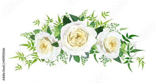 Vector beautiful floral bouquet watercolor illustration. Light yellow elegant, cabbage, garden rose flowers, fern, green vine leaves, eucalyptus. Wedding invite, save the date card editable decoration