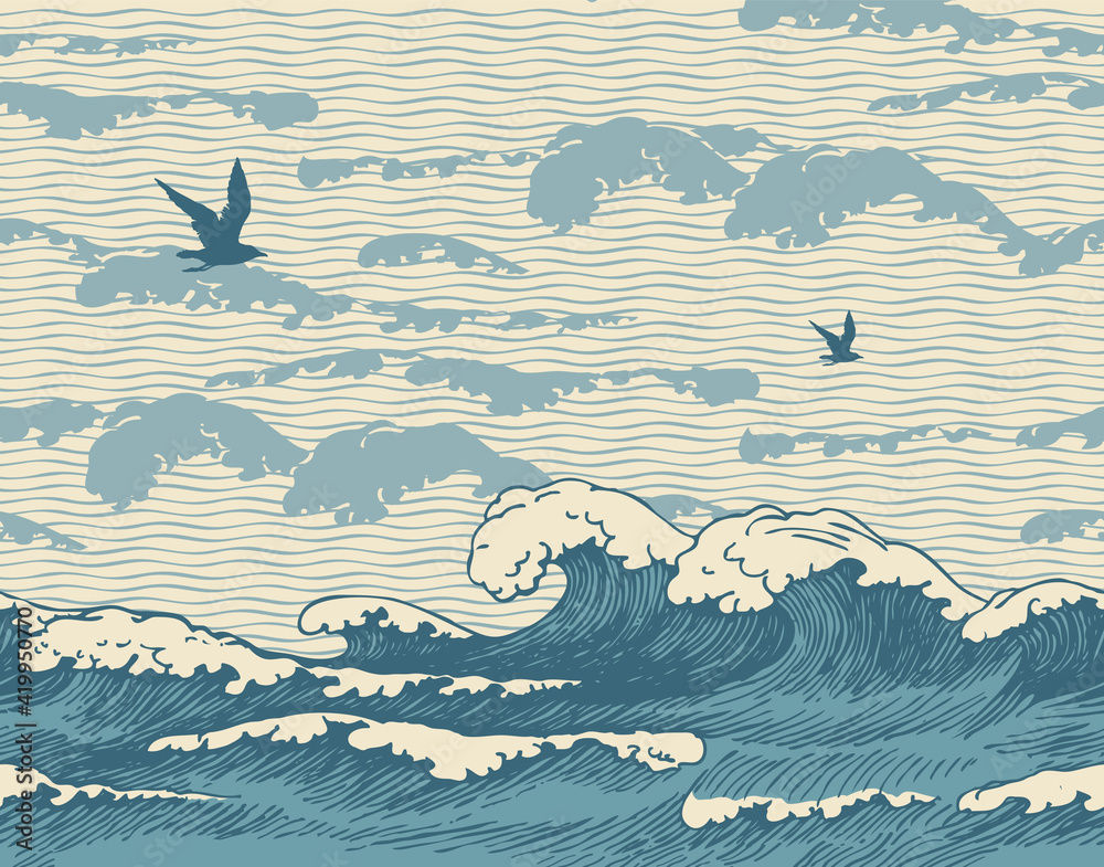 Fototapeta Vector seamless pattern with hand-drawn seascape in retro style with blue waves, seagulls and clouds in the sky. Repeating illustration of the sea or ocean, water waves on the old paper background