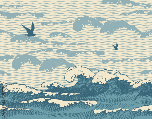 Vector seamless pattern with hand-drawn seascape in retro style with blue waves, seagulls and clouds in the sky. Repeating illustration of the sea or ocean, water waves on the old paper background