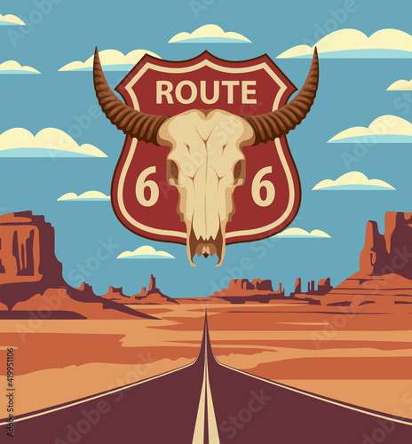 Vector landscape with an empty straight road on sandy wasteland. US Historic Route 66. A road sign with a skull of bull on the background of an American desert with mountains and an endless highway