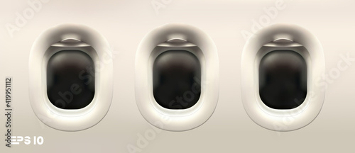 Vector on white background plane illuminator. Vector 3d realistic plane window. Travel tourism background. EPS 10