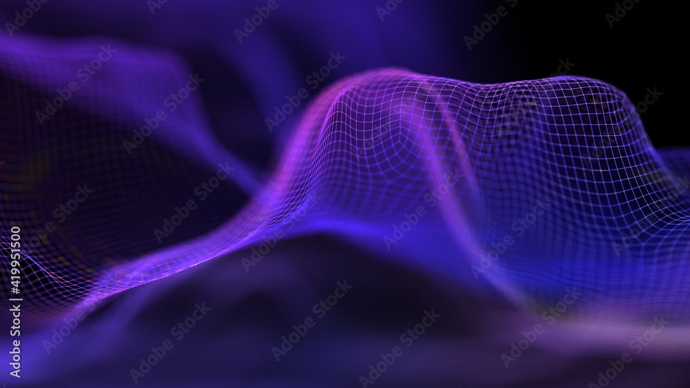 Cyber technical wave sound. Tech background purple. Network purple technology backdrop. Big data neon background perspective.