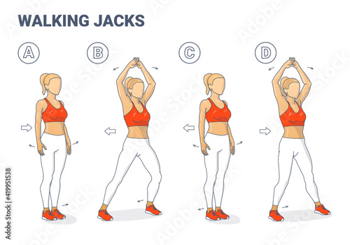 Walking Jacks Exercise Girl Workout Guidance. Side Steps with Hands Raise young woman Illustration.