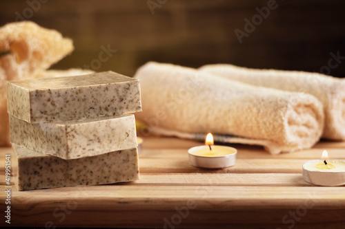 spa, candles, natural organic soaps, plants, natural loofah, towels, fragrance in incense, in a warm place for skin treatments