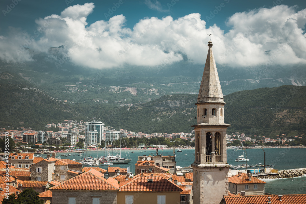 Panoramic view on medieval old town in Budva 