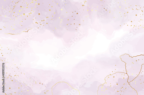 Abstract violet liquid watercolor background with golden stains and lines. Pastel alcohol ink drawing effect. Modern fluid art painting with glitter. Vector illustration design template for wedding