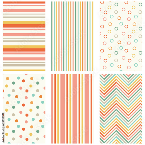 Spring pattern collection. Seamless repeating patterns for fabric, textile, apparel, wrapping paper, scrapbooking and more. Stylish geometric prints.