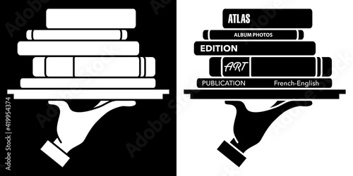 2 versions d’un pictogrammes noir ou blanc, avec ou sans texte, d’une main qui porte une pile de livres sur un plateau.