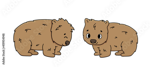 Set of two vector cute outline brown wombats. Isolated cartoon animals on white background, side view. First is smiling, second closes eyes, is happy.