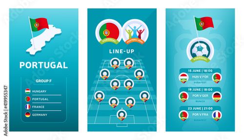 European 2020 football vertical banner set for social media. Portugal group F banner with isometric map, pin flag, match schedule and line-up on soccer field
