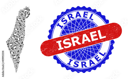Music Notes Collage for Israel Map and Bicolor Textured Stamp