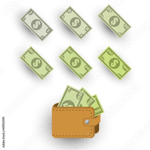Set of simple banknotes and wallet on white background