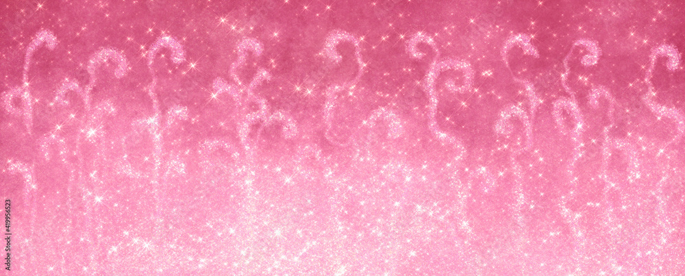 abstract pink shiny grainy background with many small stars and sparkles and abstract magic curls