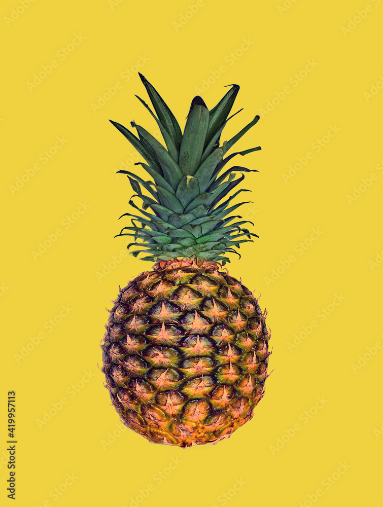 pineapple fruit, isolated on retro yellow