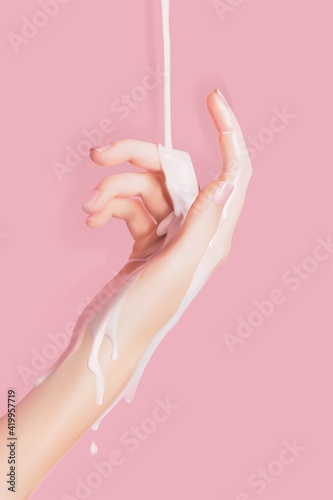hand isolated with splash of white liquid 3d realistic vector illustration.Manicure mockup. Soap, shampoo, shower gel, milky lotion on hand, Skin Spa care. Cosmetic poster 3d hands. Pink women gloss
