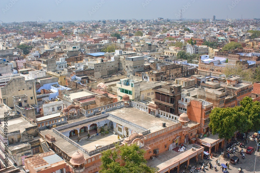 Aerial view to the roofs of houses in town Jaipur, Rajasthan, India