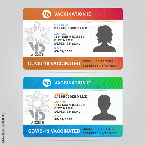 Vaccination pass or card. Сertificate concept with documentation as proof of getting vaccinated. Shield as vaccine symbol and being immune against virus. Male and Female photo.