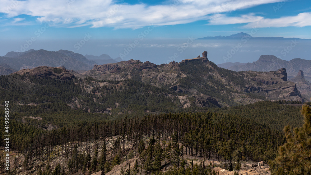The amazing landscape of rocky mountains and volcano Teide on the background, Gran Canaria, Canary Islands, Spain